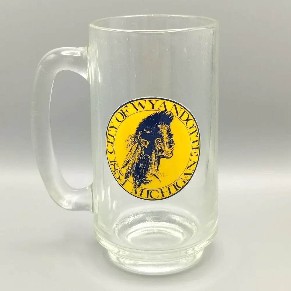 Wyandotte Michigan 1854 City Seal Glass Beer Mug 5.5” Vintage Souvenir